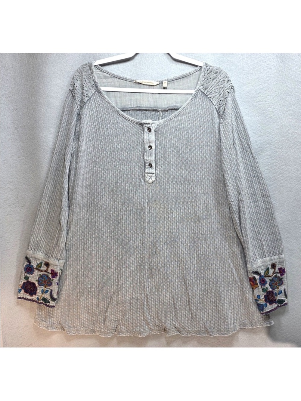 Soft Surroundings Embroidered Waffle Knit Tunic Top Womens 2X Linen Blend Henley